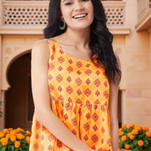 Women Yellow & White Printed Shoulder Straps Empire Top