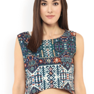 Women Mustard Yellow & Green Printed High-Low Crop Top