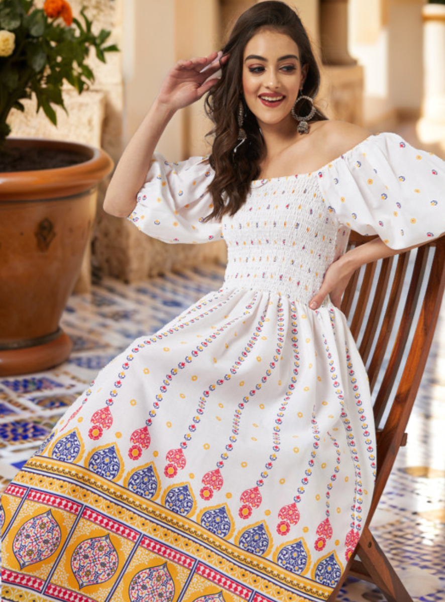 Ethnic Motifs Print Off-Shoulder Flared Sleeve Fit & Flare Midi Dress