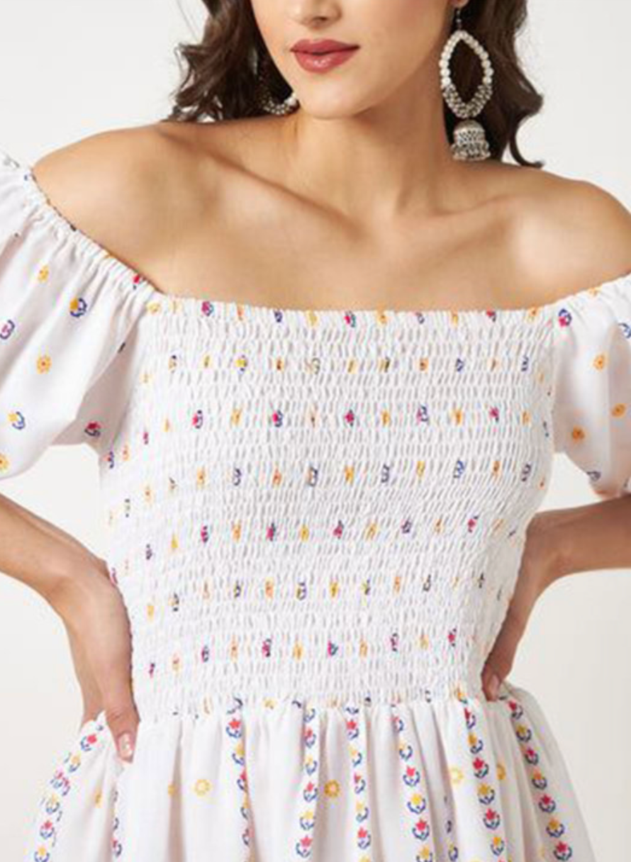 Ethnic Motifs Print Off-Shoulder Flared Sleeve Fit & Flare Midi Dress - Image 2