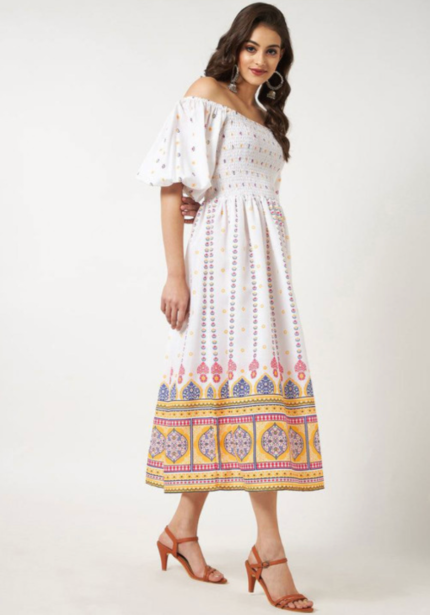 Ethnic Motifs Print Off-Shoulder Flared Sleeve Fit & Flare Midi Dress - Image 3