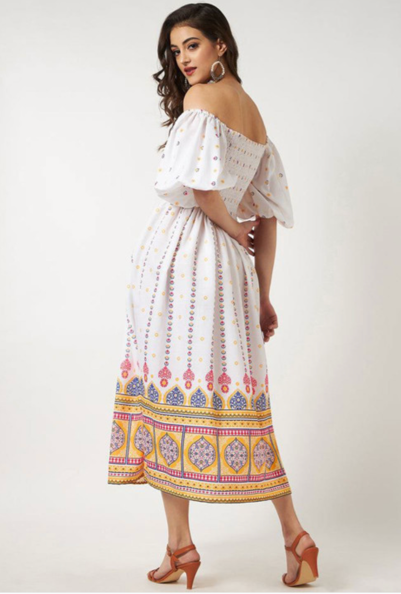 Ethnic Motifs Print Off-Shoulder Flared Sleeve Fit & Flare Midi Dress - Image 4