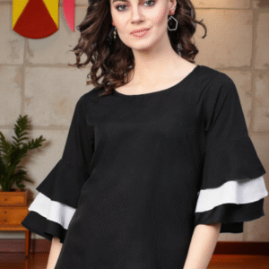 Women Black And White Bell Sleeve Regular Top