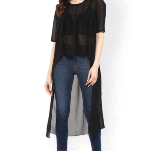 Black Polyester High-Low Sheer Top