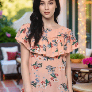 Women Floral Print Flutter Sleeve Ruffles Top